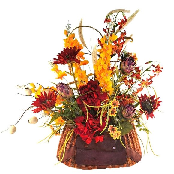 Artificial Floral Arrangement In Vintage Fishing Creel Wicker Basket With Leathe - Picture 1 of 14